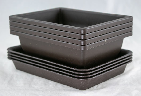 4 Sets Rectangular Brown Plastic Pots + Tray - 6.25