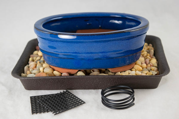 Oval Blue Glazed Shohin Bonsai Pot + Tray + Rock + Mesh & Wire Combo - 5