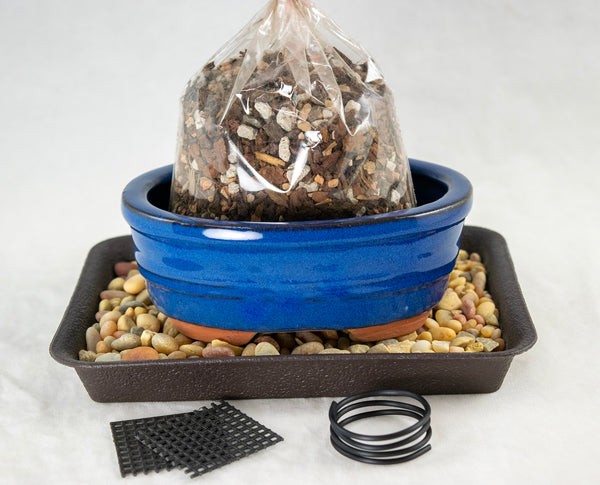 Oval Blue Glazed Shohin Bonsai Pot + Soil + Tray + Rock + Mesh & Wire Kit