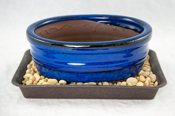 Oval Blue Glazed Shohin Bonsai Pot + Tray + Rock + Mesh Combo - 5