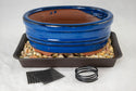 Oval Blue Glazed Shohin Bonsai Pot + Tray + Rock + Mesh & Wire Combo - 5