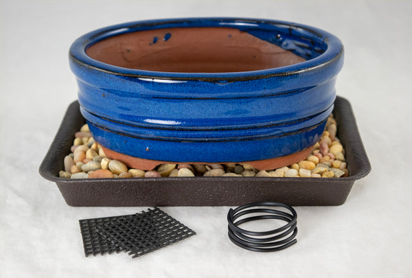 Oval Blue Glazed Shohin Bonsai Pot + Tray + Rock + Mesh & Wire Combo - 5