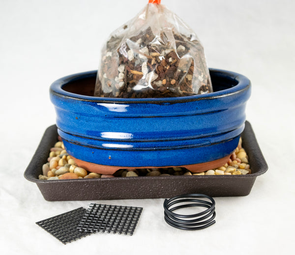 Oval Blue Glazed Shohin Bonsai Pot + Soil + Tray + Rock + Mesh & Wire Kit