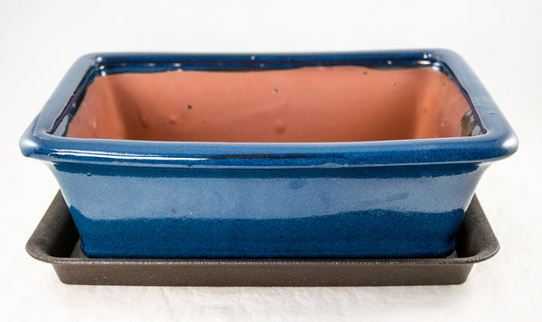 Rectangular Dark Blue Glazed Bonsai Pot + Mesh - 12