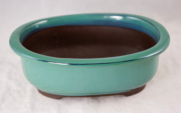 Japanese Yokkaichi Green Oval Glazed Bonsai Pot + Mesh 7