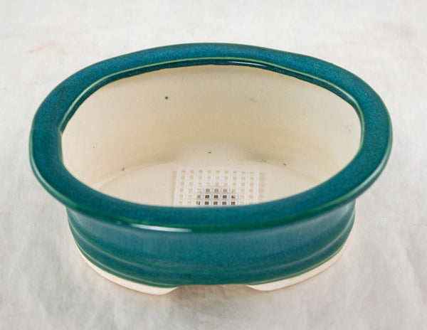 Oval Teal Green Glazed Shohin Bonsai Pot with Mesh - 5.75