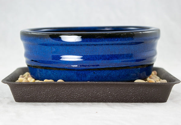 Oval Blue Glazed Shohin Bonsai Pot + Tray + Rock + Mesh Combo - 5