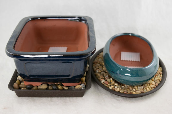 2 x Amazing Glazed Bonsai Pot + Tray + Rock + Mesh Combo