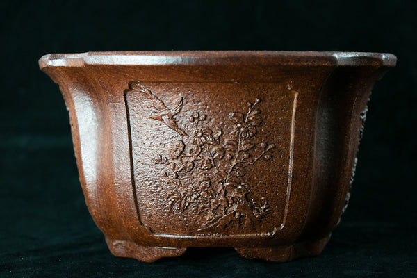 Vintage Square Brown Yixing Zisha Bonsai Pot + Mesh - 6.25