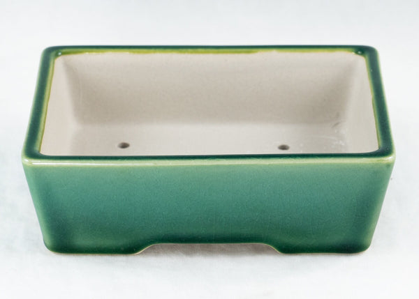 Fine Rectangular Green Glazed Shohin Bonsai Pot + Mesh - 6